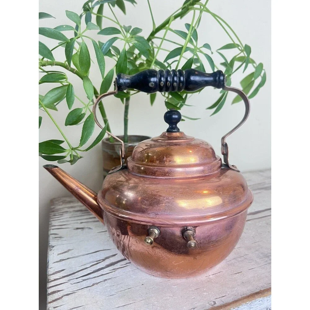Vintage Small Copper Tea Kettle With Wood Handle Cottage Core 8” x 6” Country